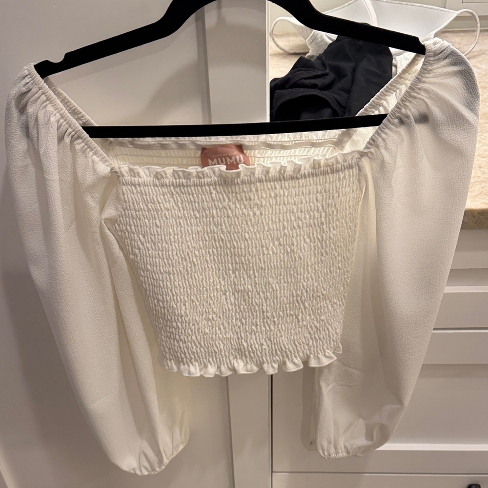 Show Me Your MuMu White Smocked Off-Shoulder Crop Top